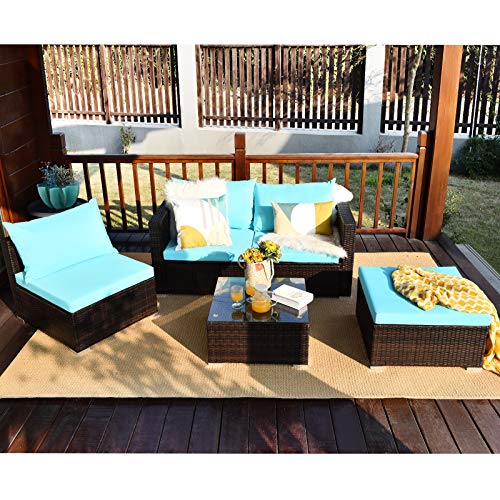 5 Piece Outdoor Patio Furniture Set with Glass Top Coffee Table (Turquoise) S186