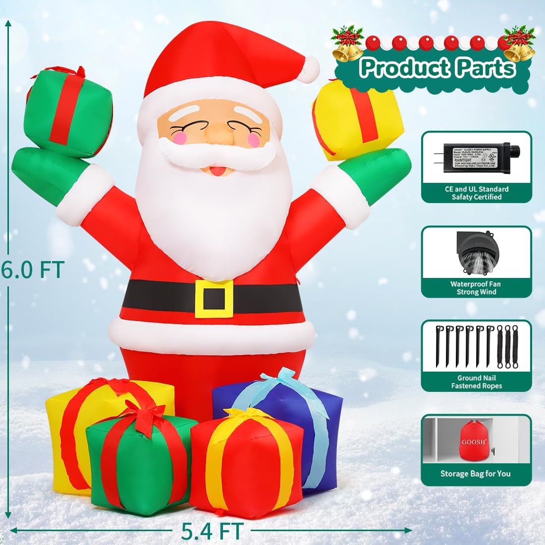 6 FT Christmas Santa Inflatables Outdoor Decorations with Built-in LEDs Y203321