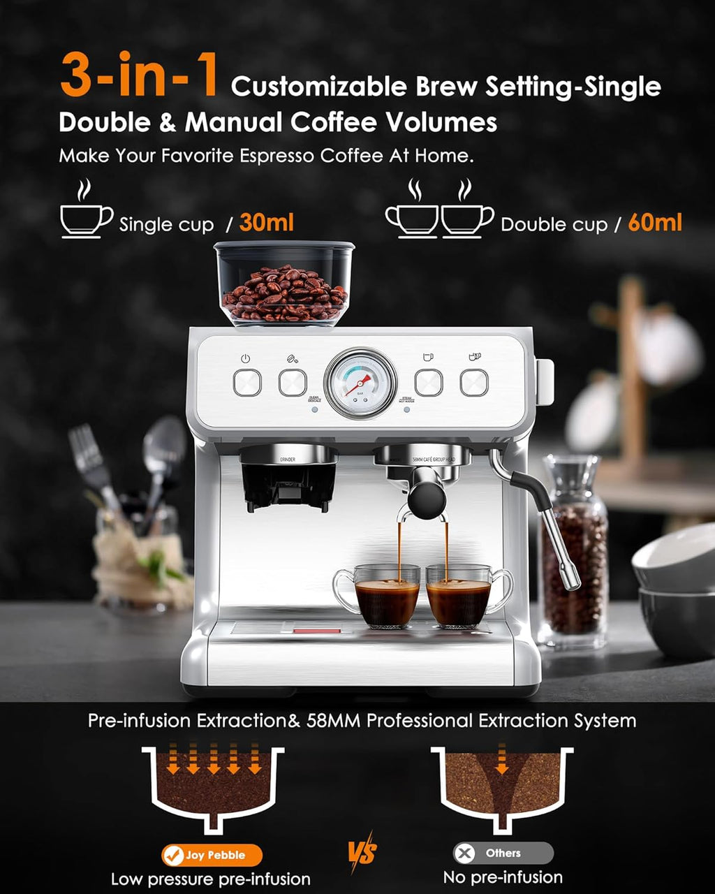 15 Bar Espresso Machine with Coffee Bean Grinder Milk Frother Stainless Steel P928