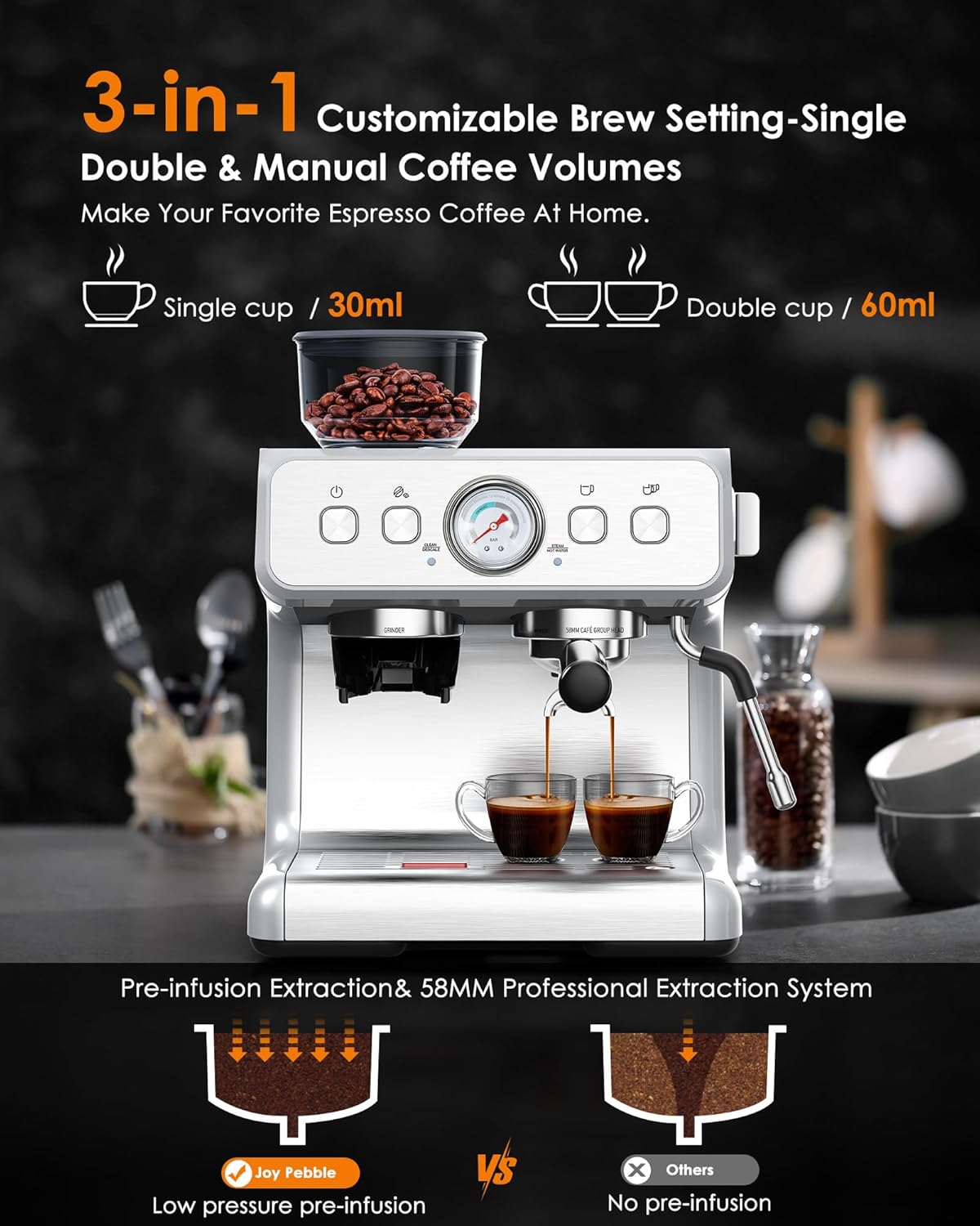 15 Bar Espresso Machine with Coffee Bean Grinder Milk Frother Stainless Steel P928