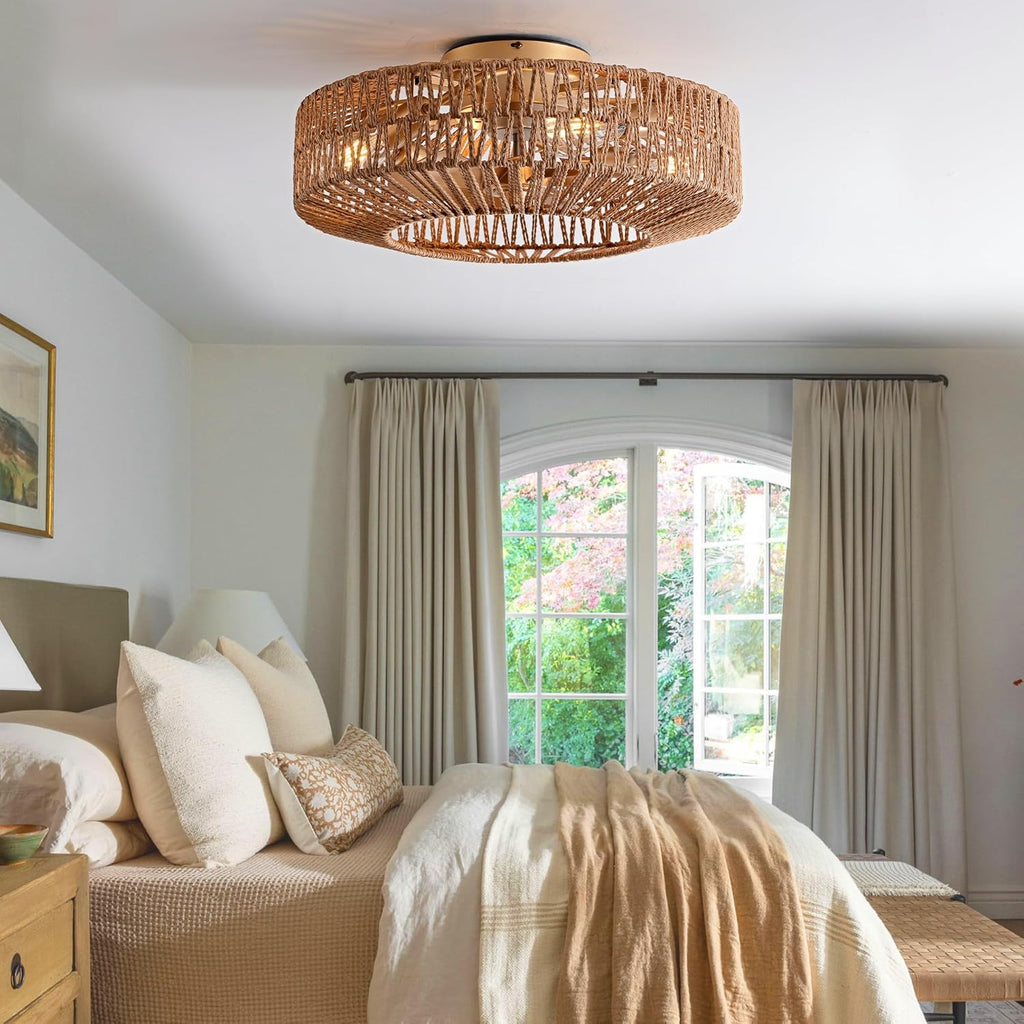 20" Rattan Ceiling Fan with Lights and Remote Control D8909
