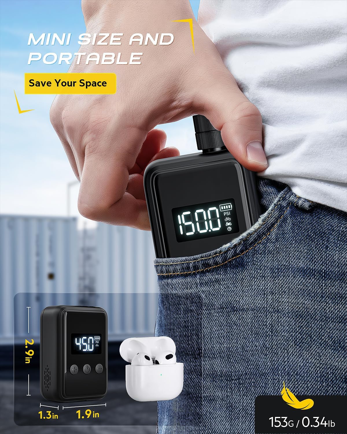 150PSI Portable Bicycle Tire Pump with Pressure Gauge LCD Display R998799