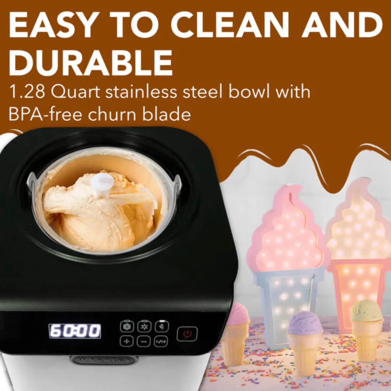 1.28 Quart Automatic Ice Cream Maker with Stainless Steel Bowl White L827949