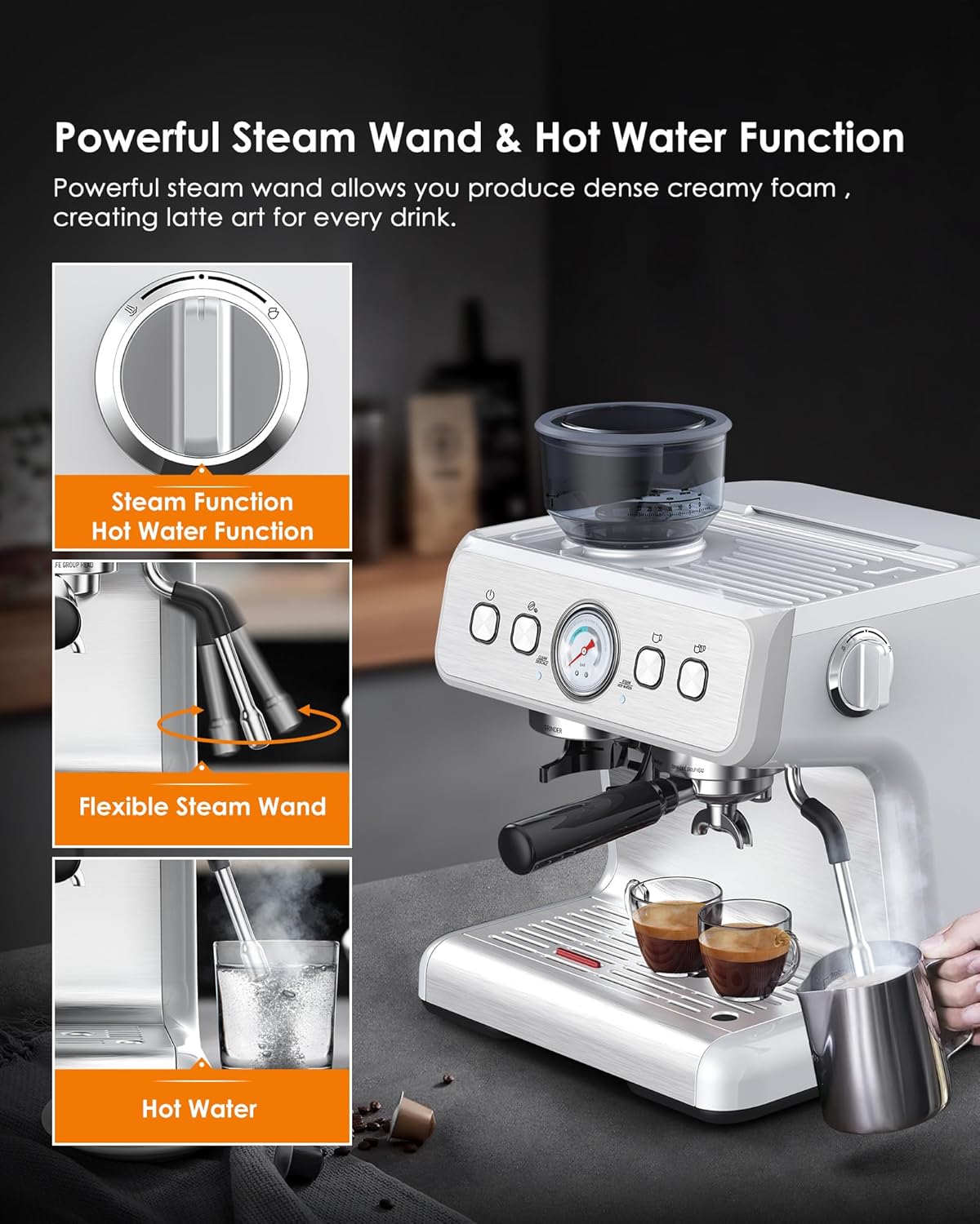 15 Bar Espresso Machine with Coffee Bean Grinder Milk Frother Stainless Steel P928