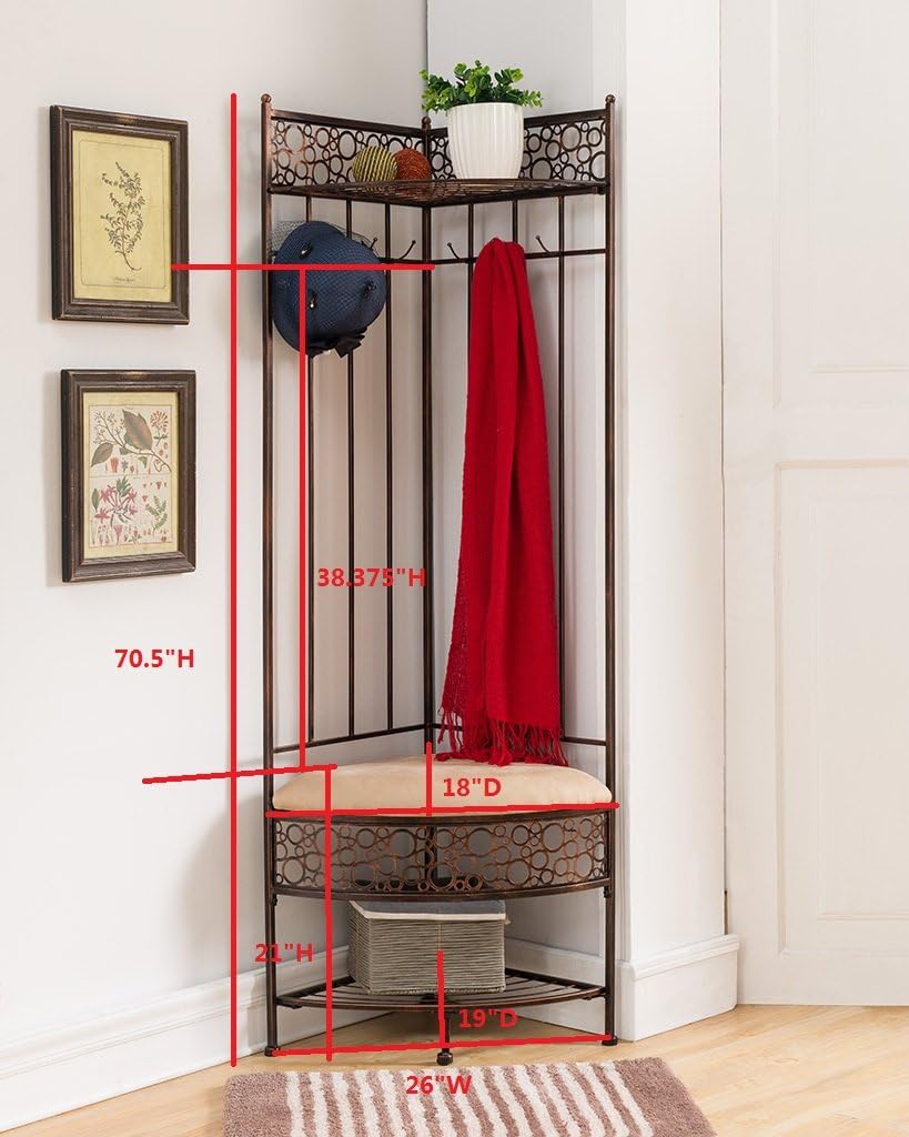 6-Hook Corner Hall Tree Storage Bench with Coat Rack, Brushed Copper O474