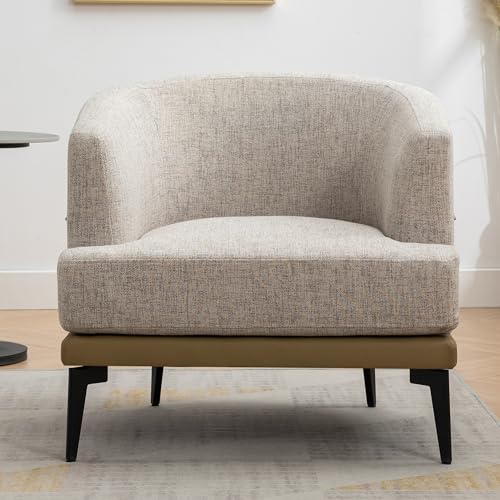 Mustard Green Accent Barrel Chair with Linen and PU, Metal Legs D13205