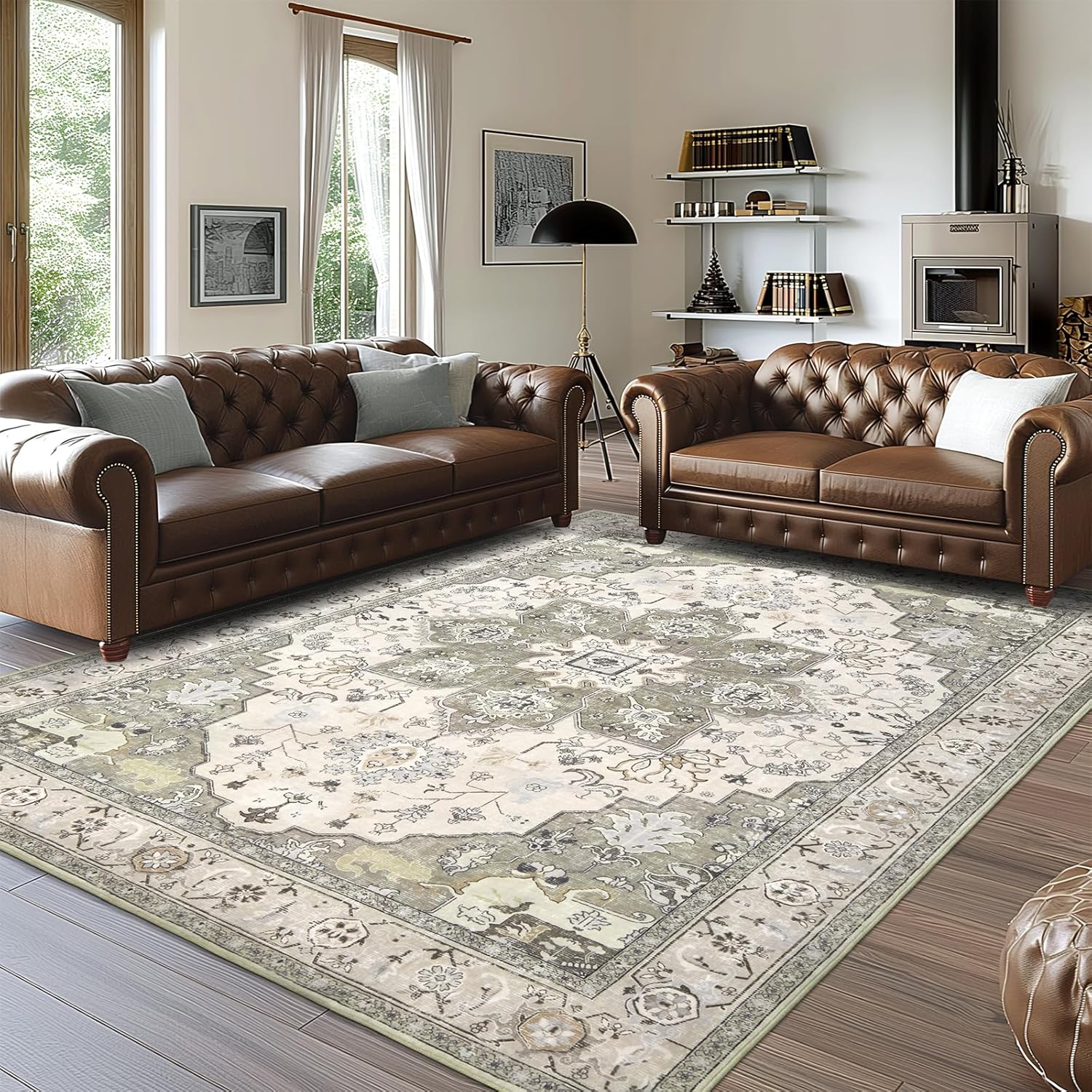 Grey/Beige 9x12 Machine Washable Low Pile Area Rug M2992