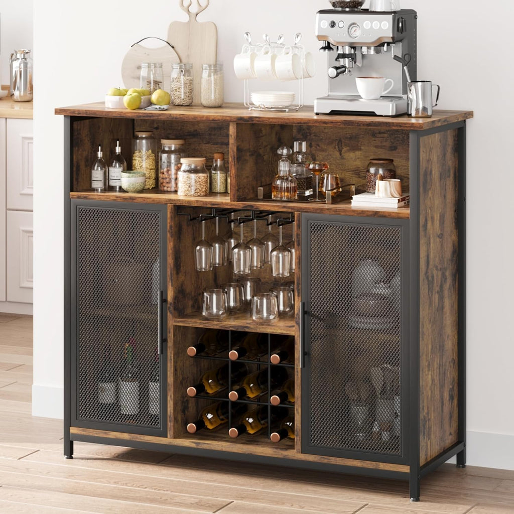 Rustic Brown Coffee Bar Cabinet with Mesh Doors and Adjustable Shelves B535