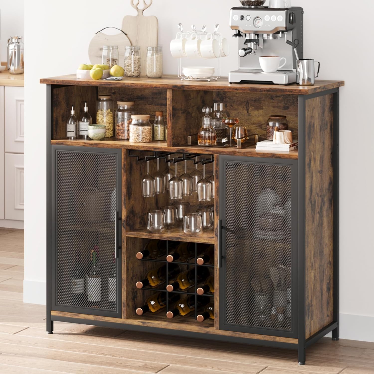 Rustic Brown Coffee Bar Cabinet with Mesh Doors and Adjustable Shelves B535