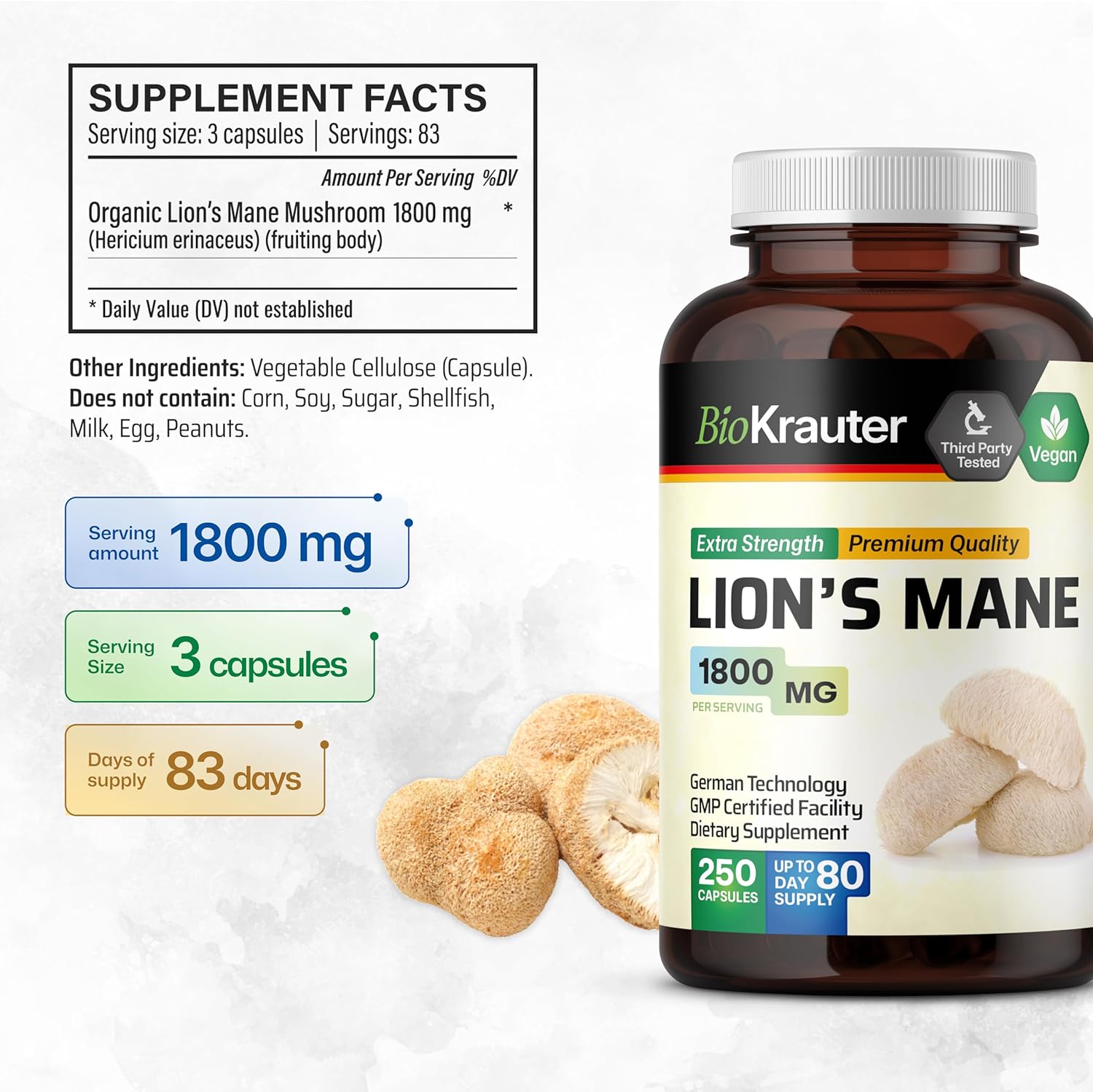 Vegan Organic Lion's Mane Mushroom Supplement Capsules S43632