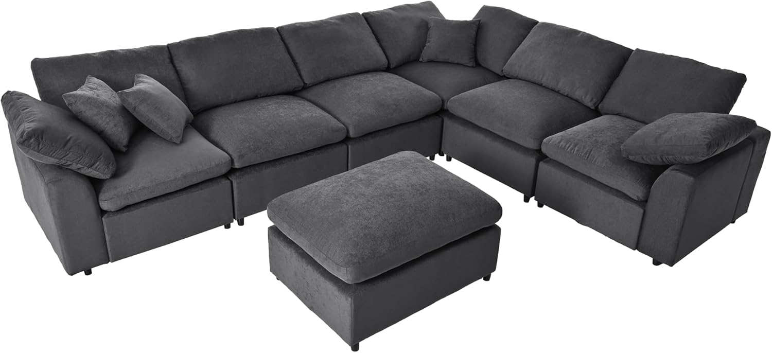 Deep Seat Convertible Modular Sectional Sofa with Movable Ottoman, Oversized Corner Couch with Throw Pillows, 7 Seater Polyester Upholstery Sofa N22971