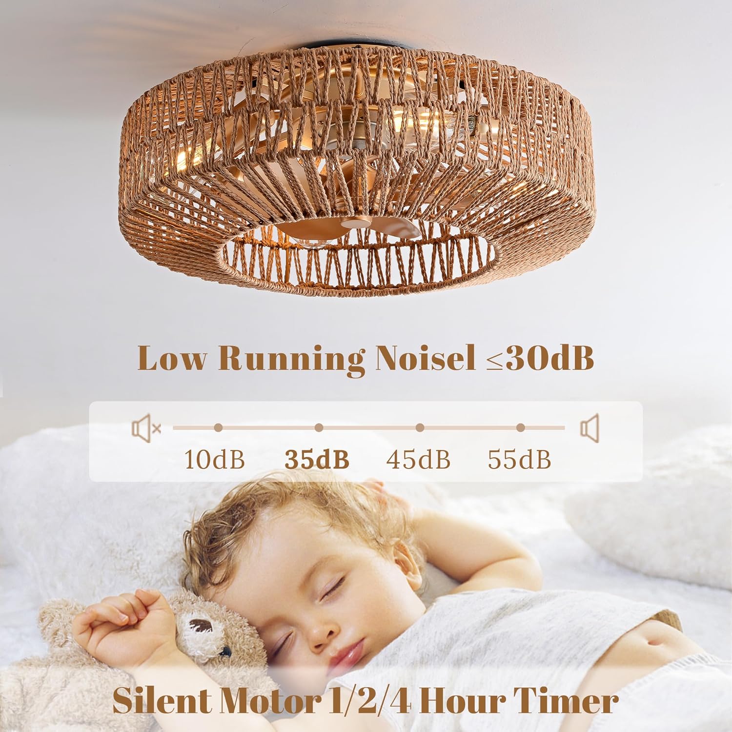 20" Rattan Ceiling Fan with Lights and Remote Control D8909