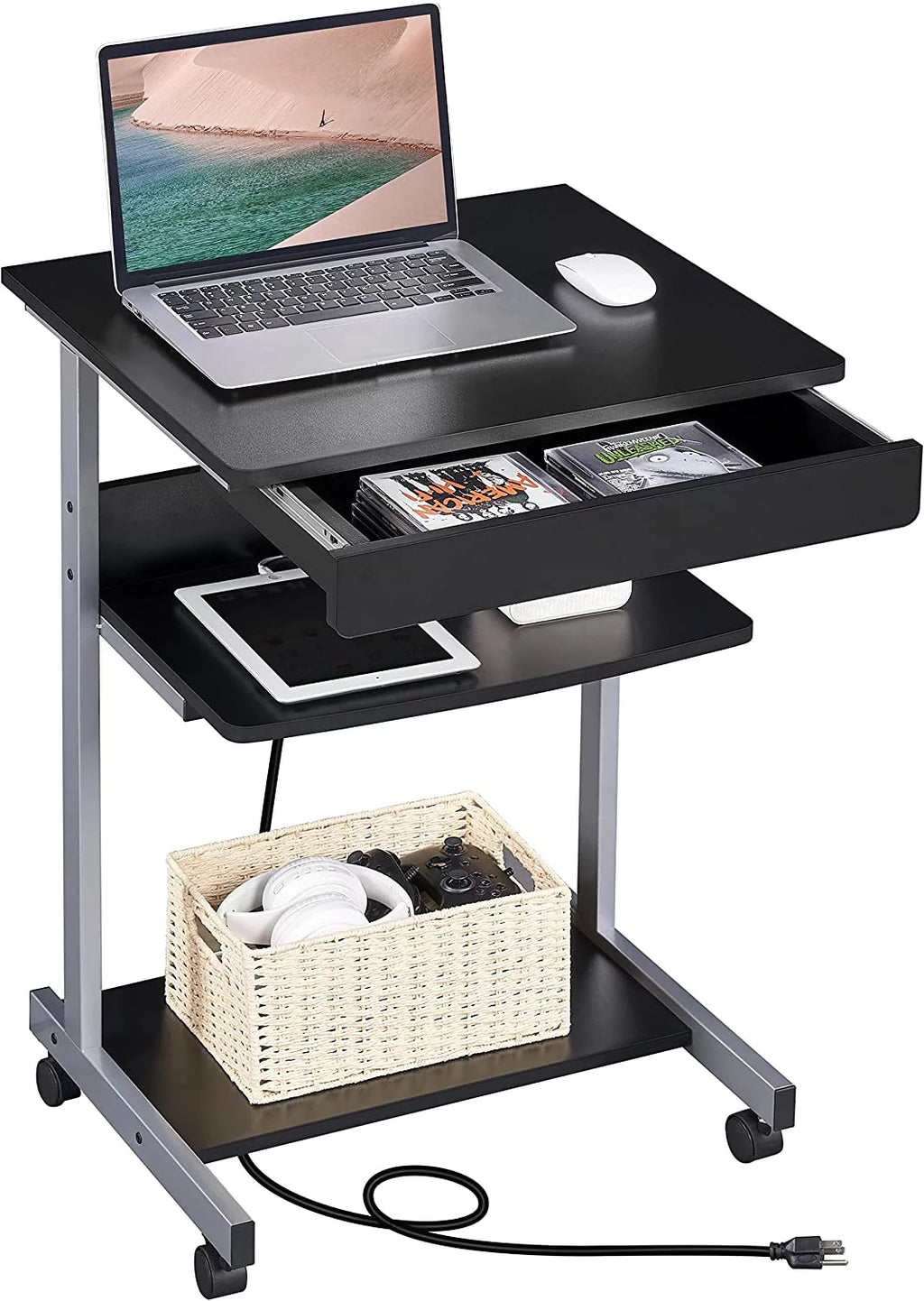Black Compact Laptop Desk On Wheels With Power Outlet And USB Ports S316