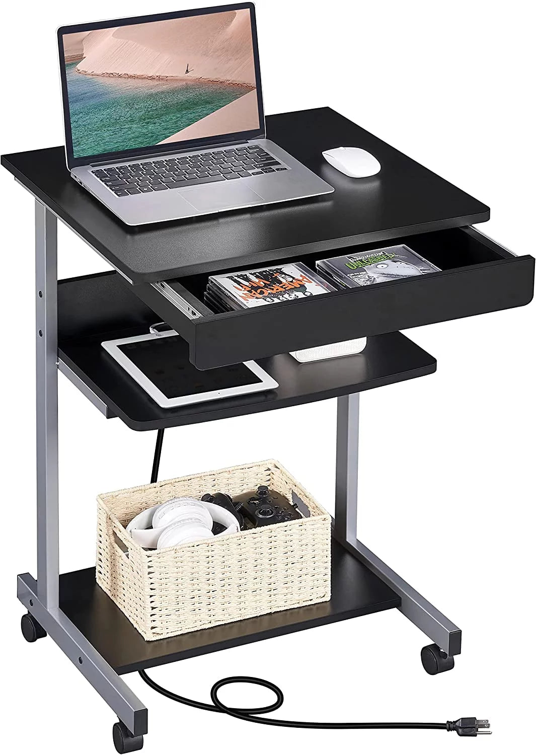 Black Compact Laptop Desk On Wheels With Power Outlet And USB Ports S316