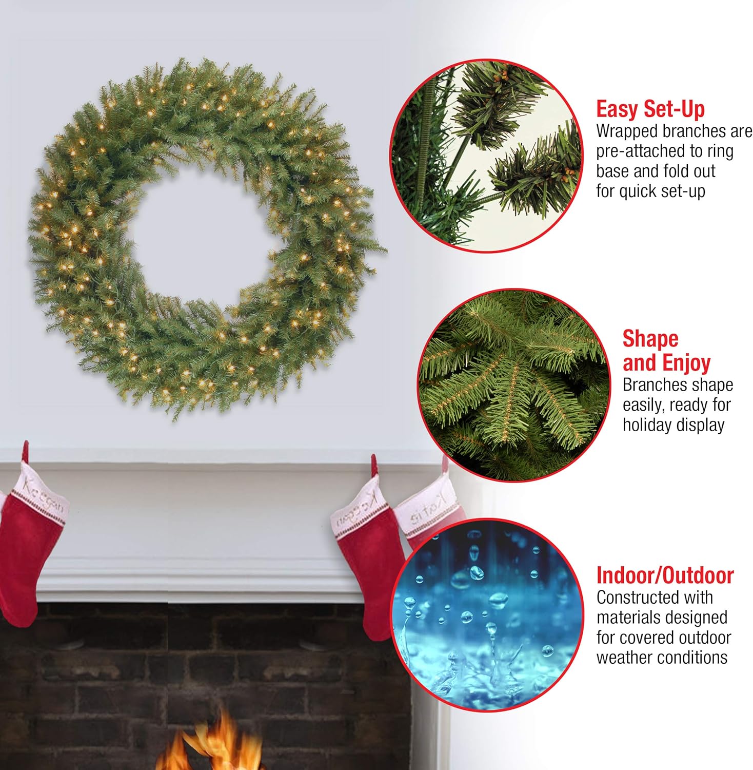 Pre-Lit Artificial Christmas Wreath, Green, 48 Inches E60144