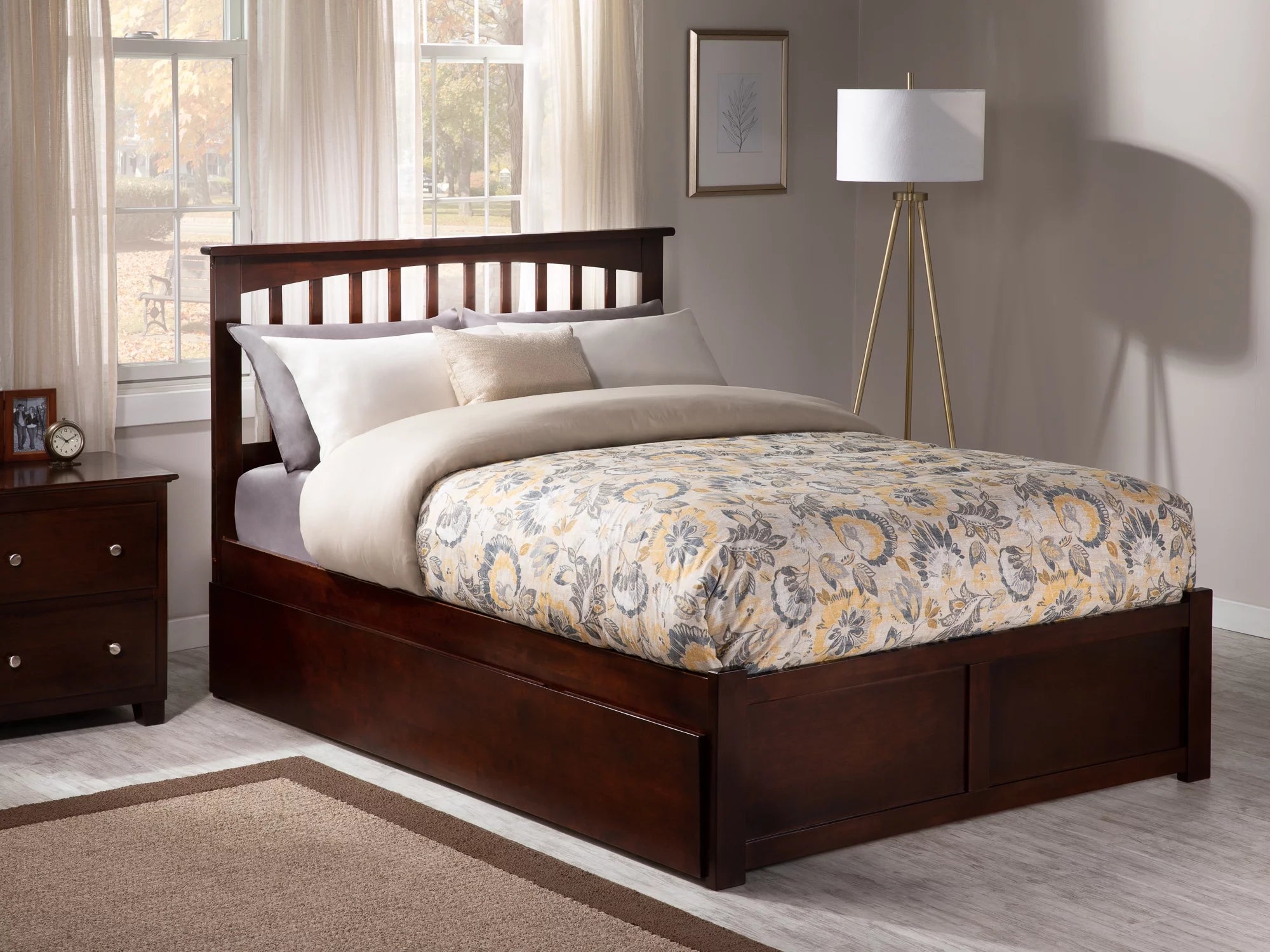 Solid Wood Platform Bed with Footboard and Twin XL Trundle in Walnut R273768