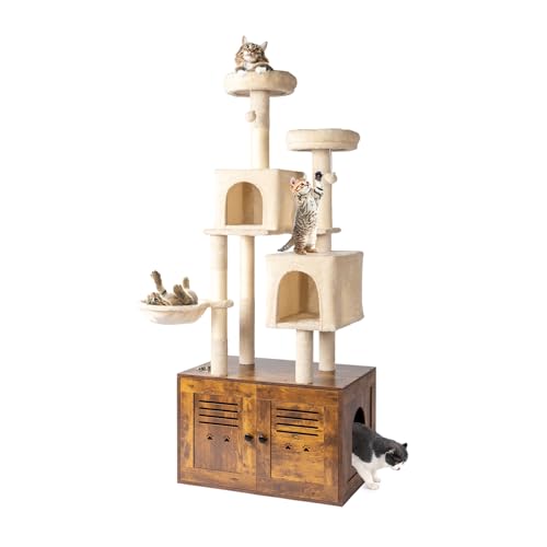 Gray Wooden Cat Tree with Litter Box and Scratching Posts U857