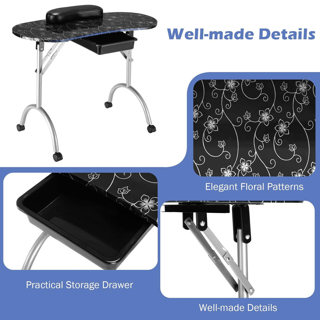 Black Portable Manicure Table with Drawer and Casters V59577