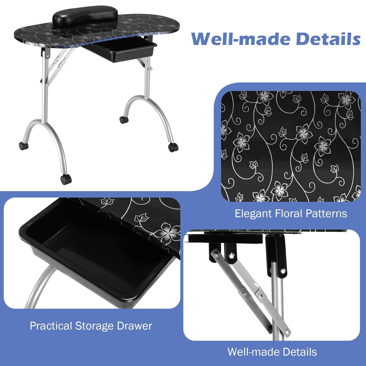Black Portable Manicure Table with Drawer and Casters V59577