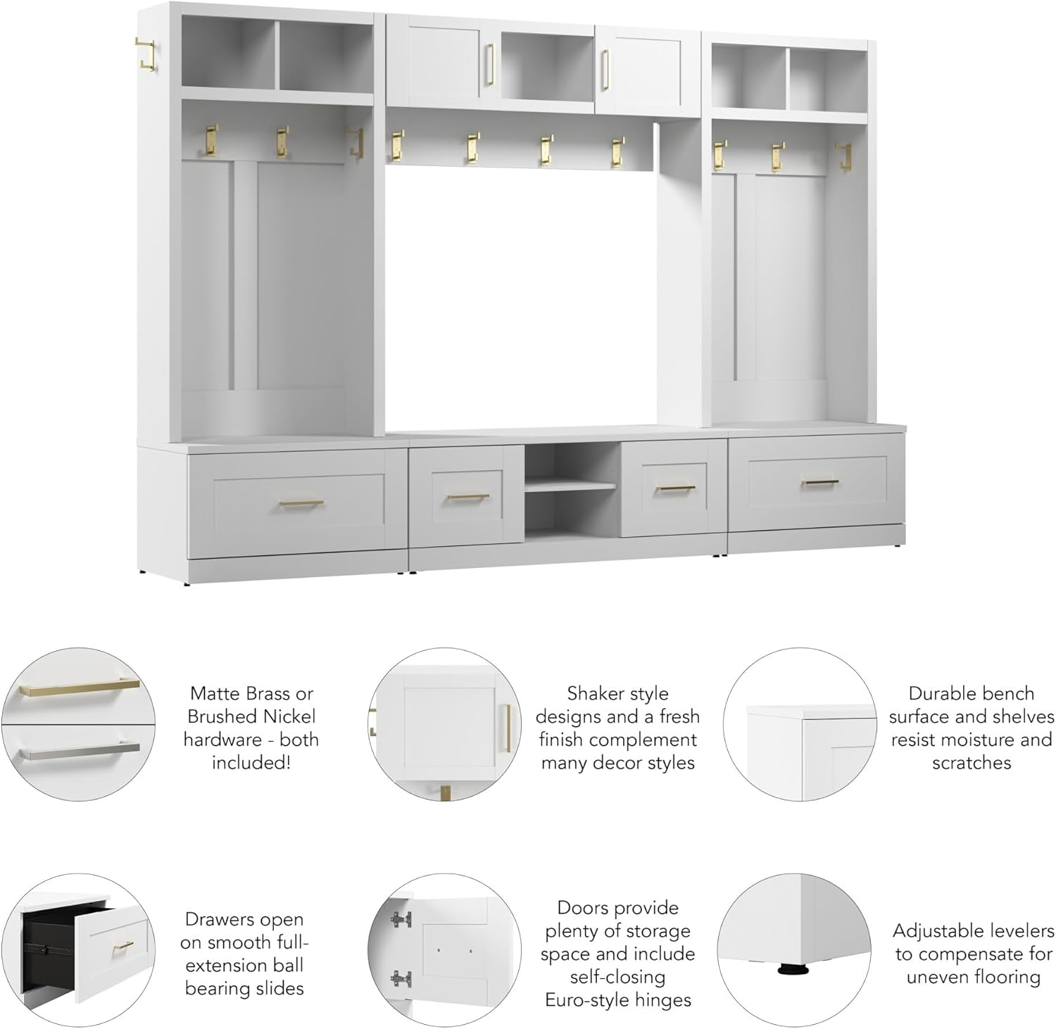 White Full Entryway Storage Set with Coat Rack and Shoe Benches B306