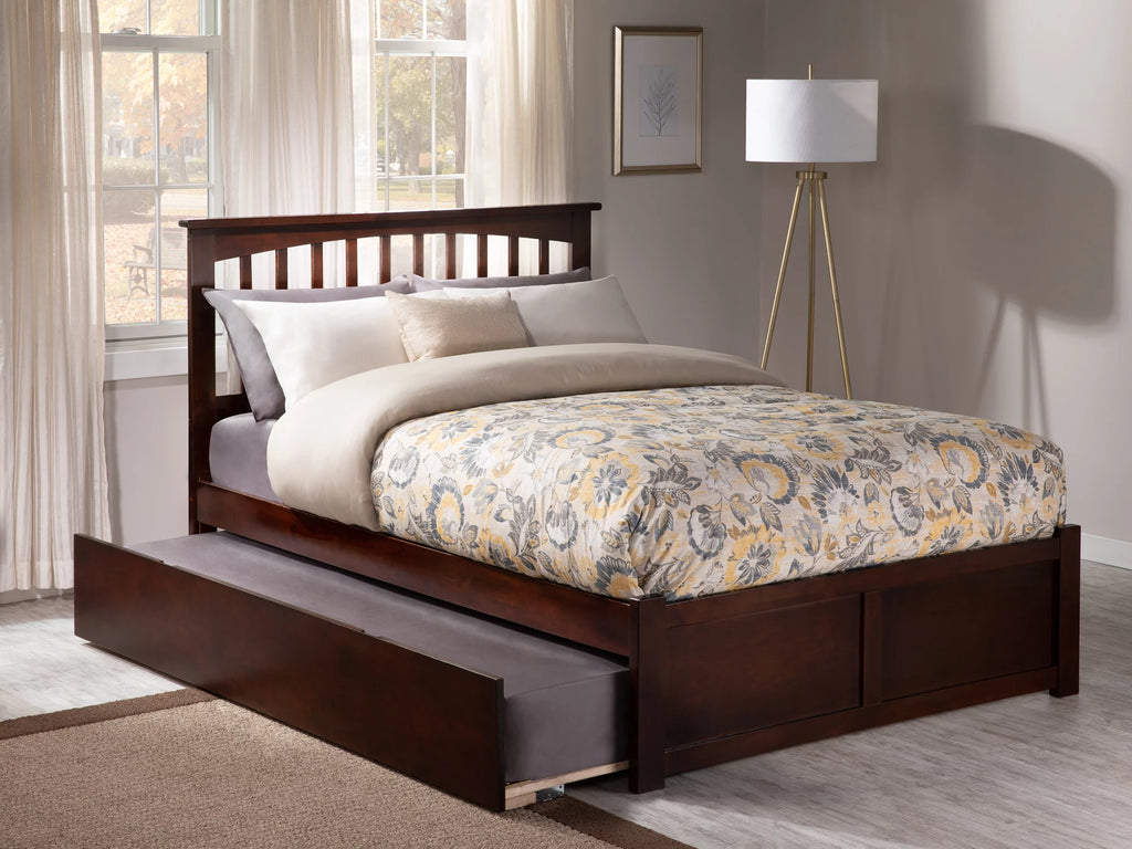 Solid Wood Platform Bed with Footboard and Twin XL Trundle in Walnut R273768
