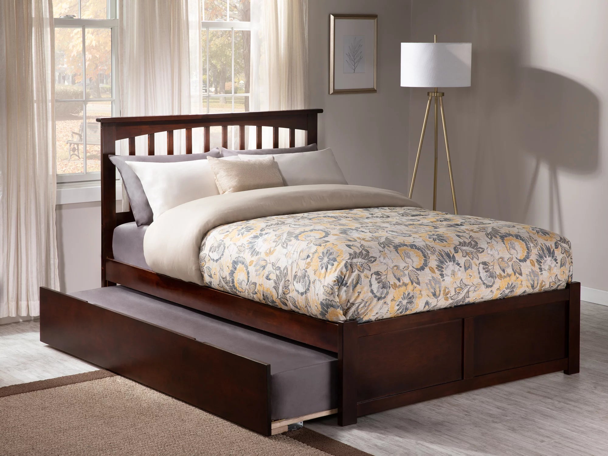 Solid Wood Platform Bed with Footboard and Twin XL Trundle in Walnut R273768