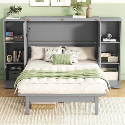 Queen Size Murphy Bed with Storage 2 Drawers and Shelves H65523