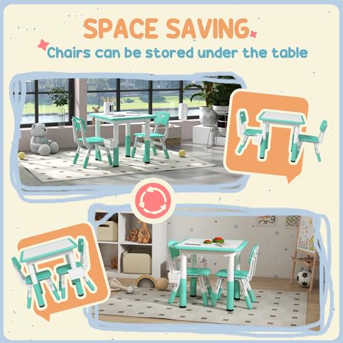 3 Pieces Height Adjustable Kids Table and Chair Set with Storage Green J700357
