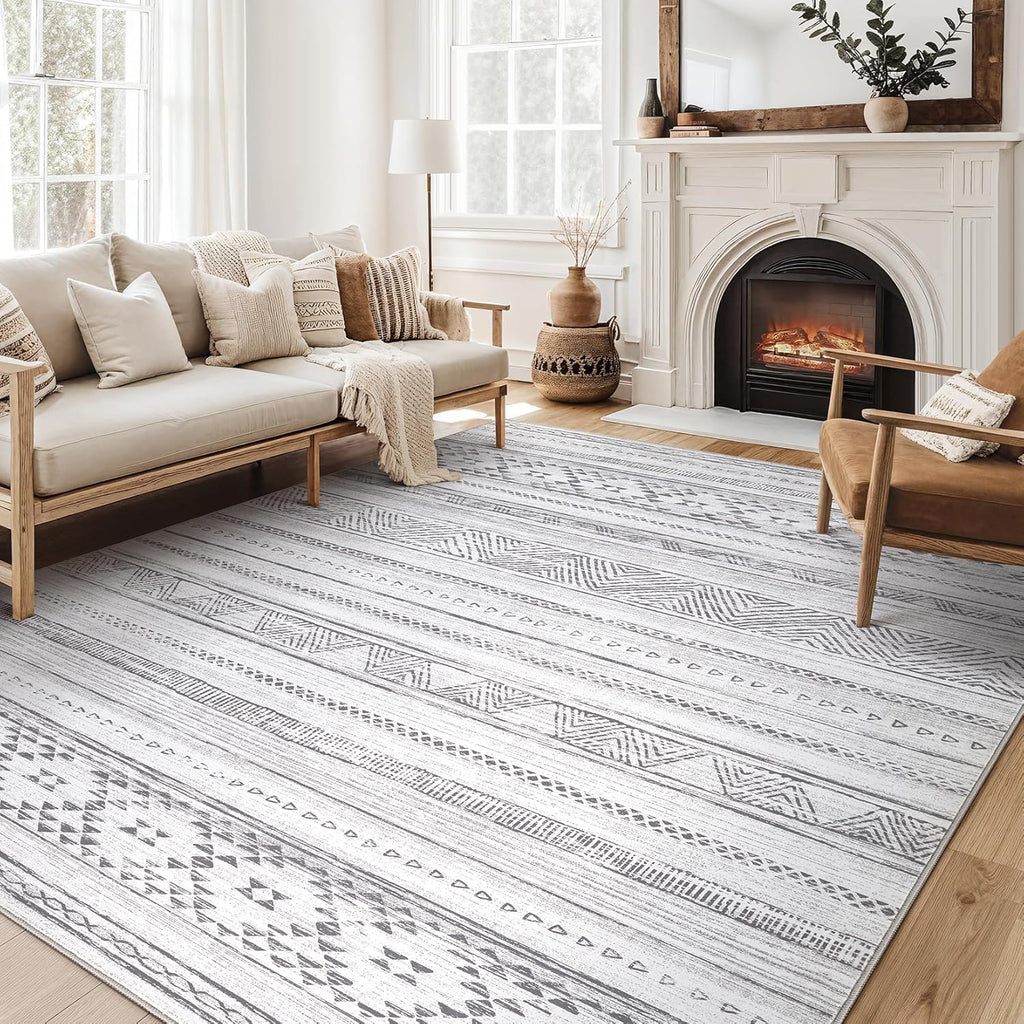 Cream Grey Washable Geometric Area Rug Q76251