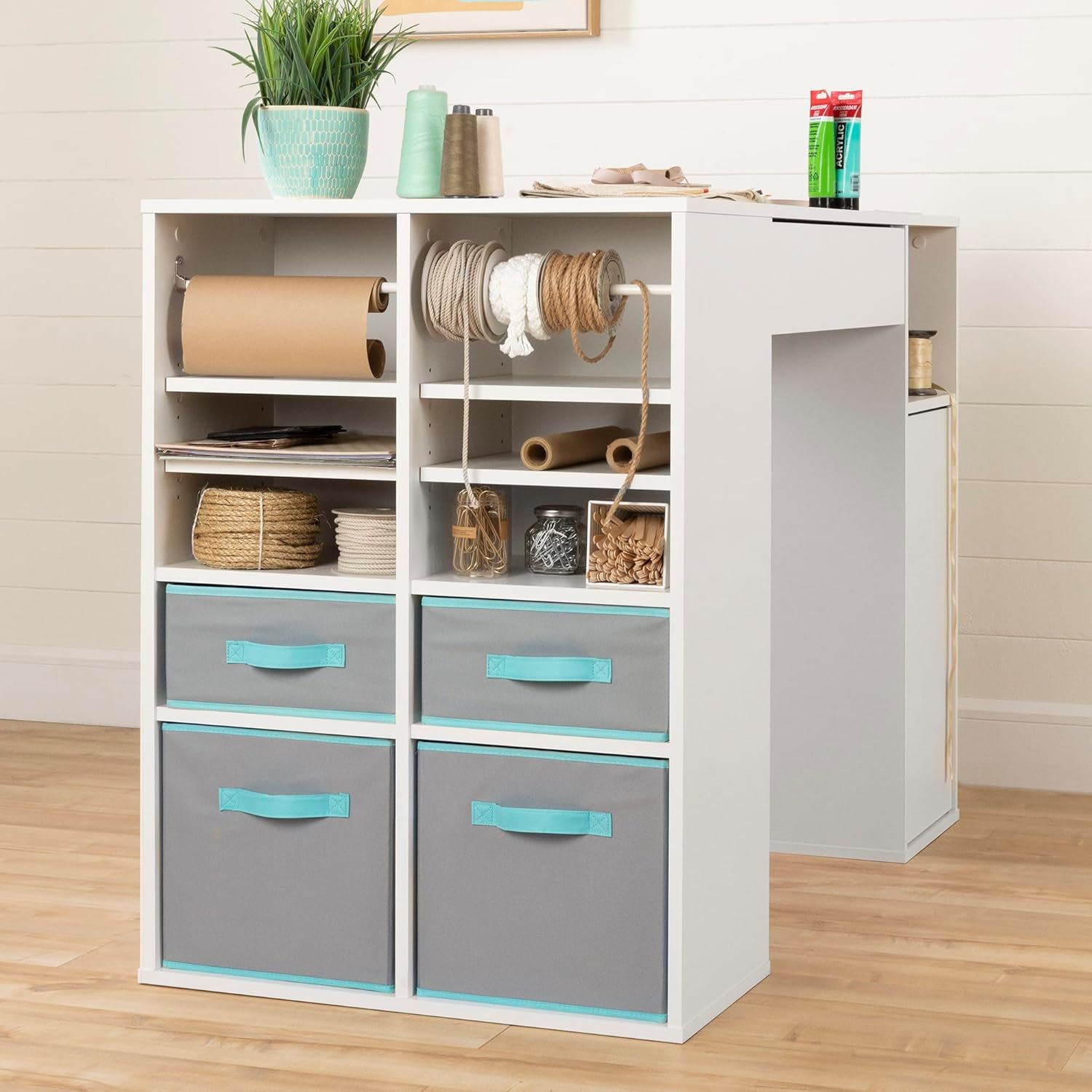 Pure White Counter-Height Craft Table with 4 Baskets S1517
