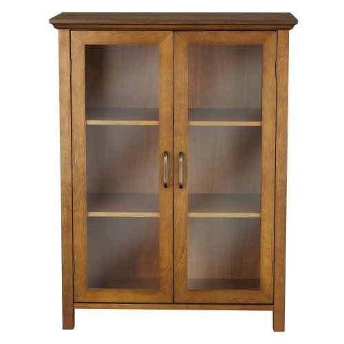 Oiled Oak Wooden Freestanding Floor Cabinet with 2 Adjustable Shelves and 2 Glass Paneled Doors B8649