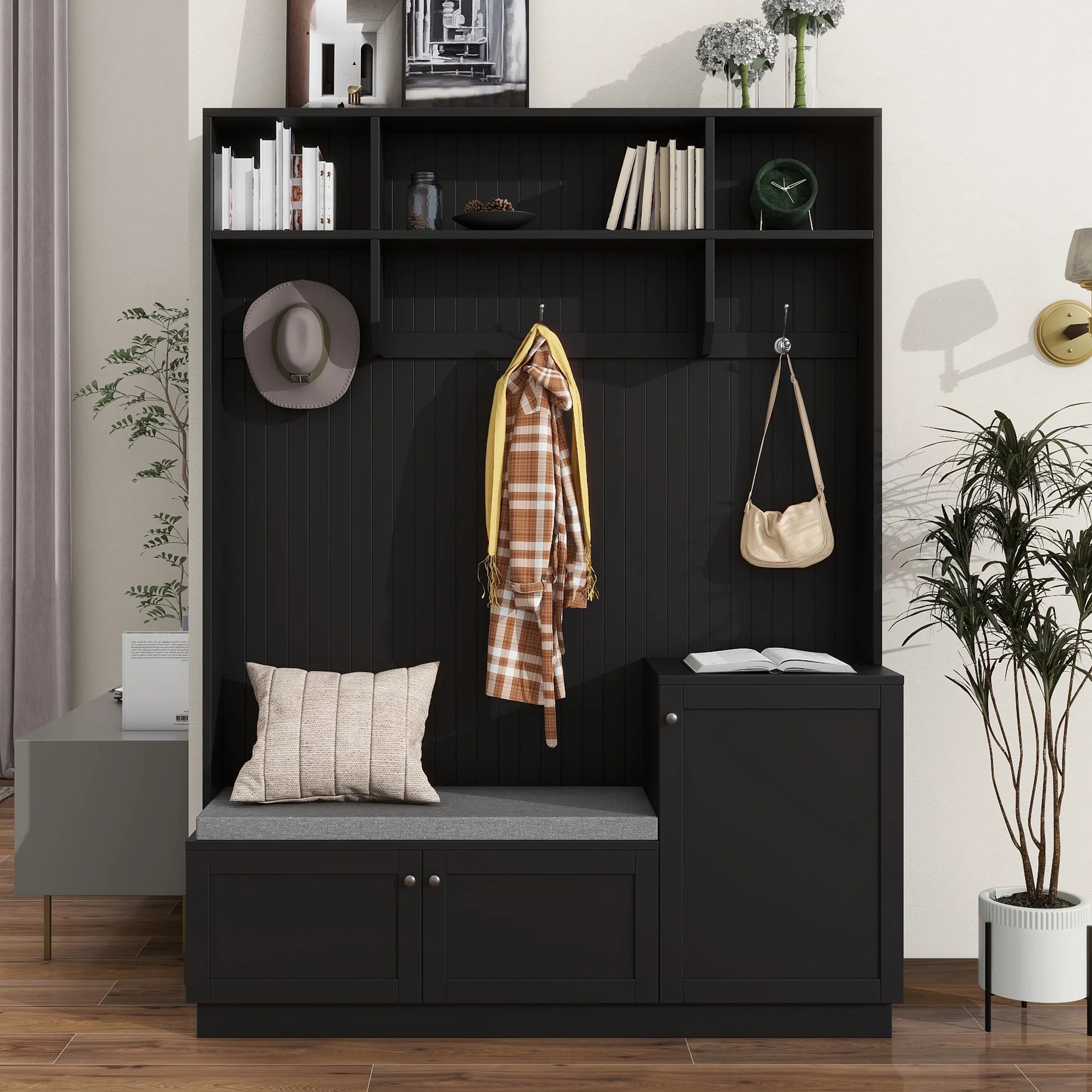 Black 4-in-1 Hall Tree with Bench and Shoe Storage L9949