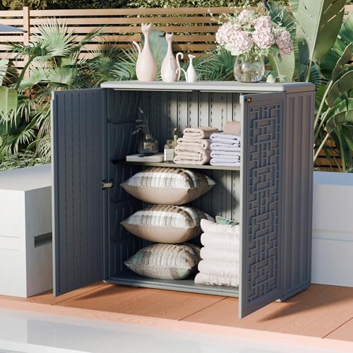 Outdoor Storage Cabinet Waterproof with Shelf, Resin, Size 34.3''L*15''W*36.2''H (Black) M527709
