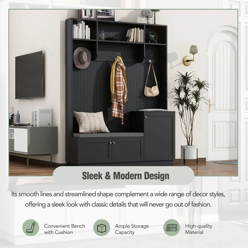 Black 4-in-1 Hall Tree with Bench and Shoe Storage L9949