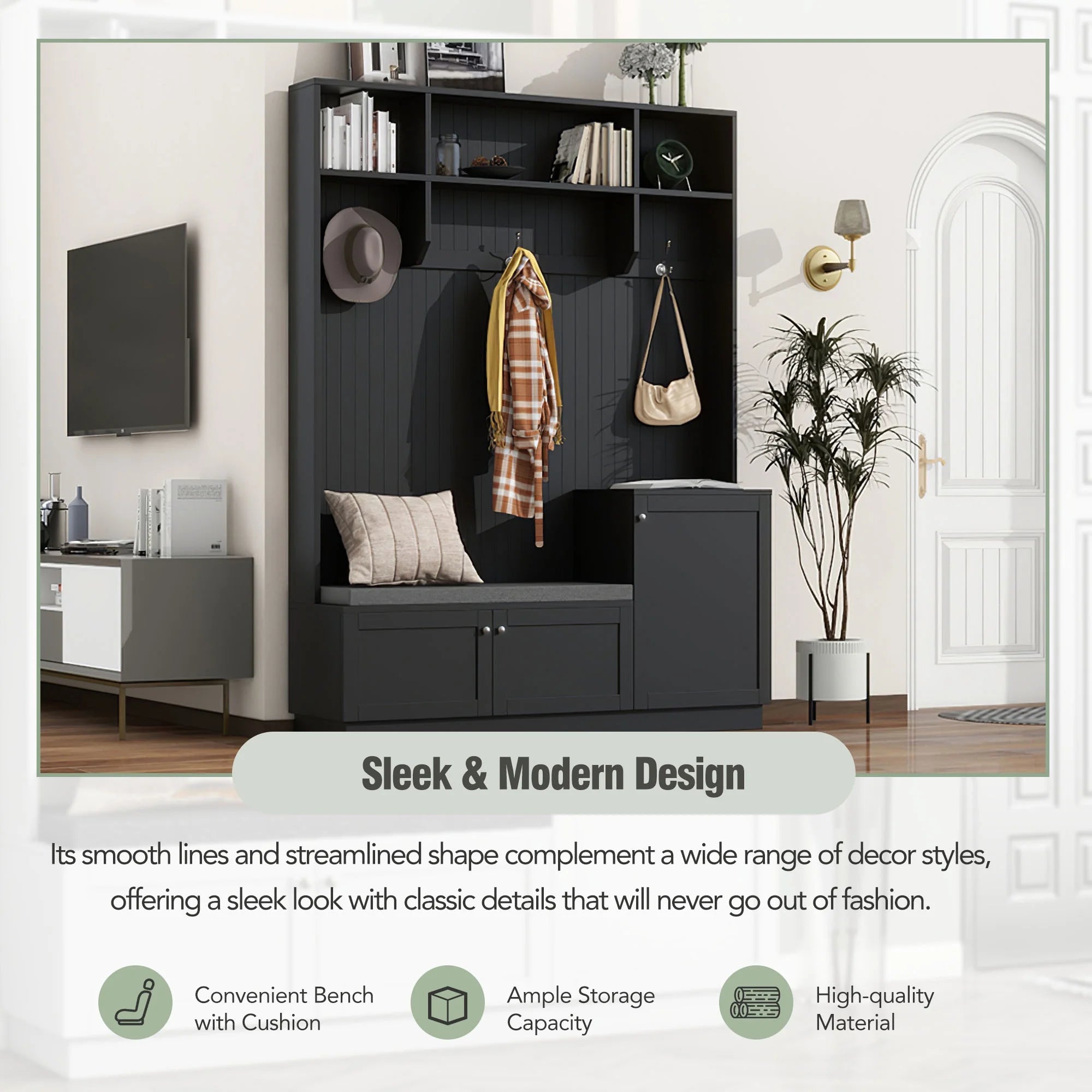 Black 4-in-1 Hall Tree with Bench and Shoe Storage L9949