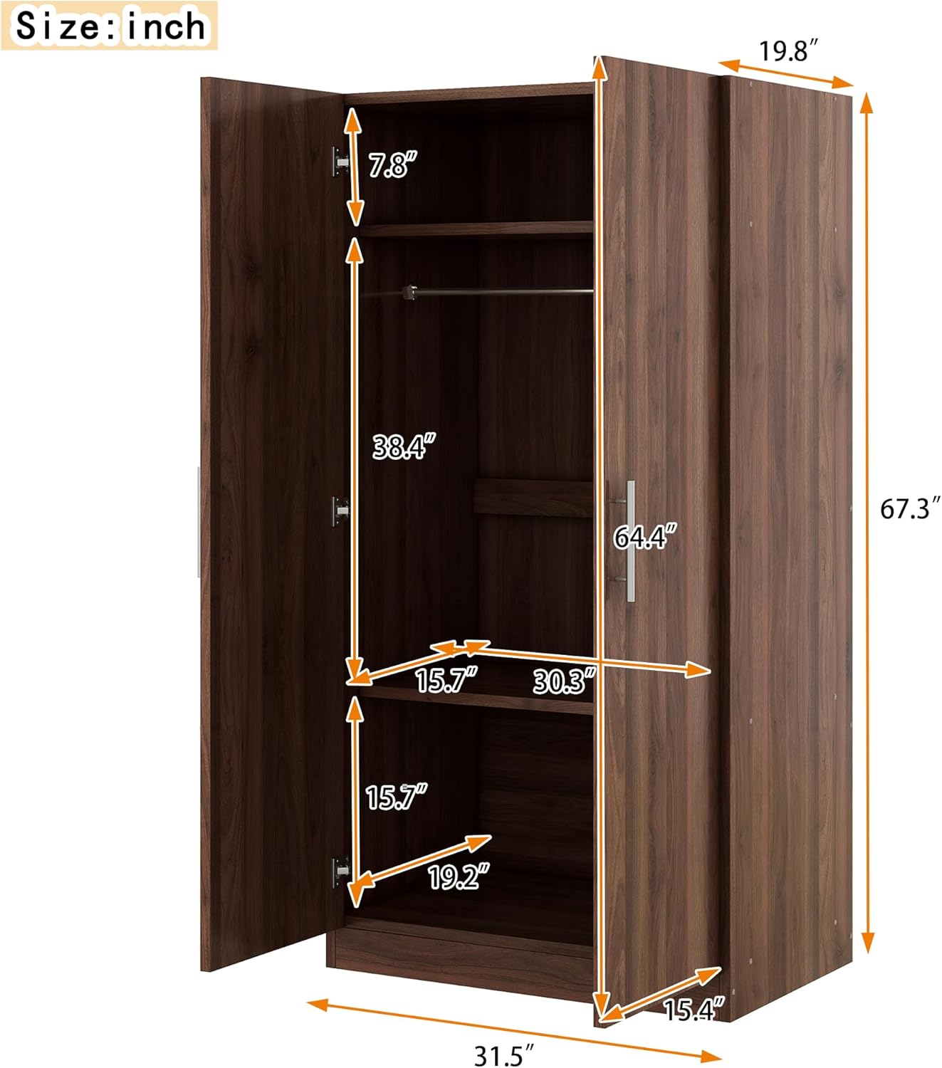 2-Door Wooden Wardrobe Armoire with 3 Storage Shelves G3066