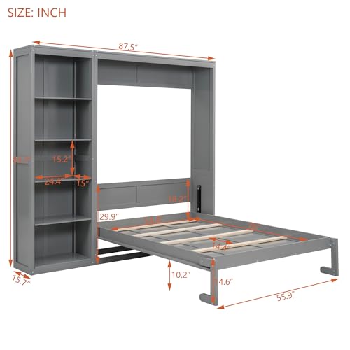 Full Size Murphy Bed with Storage Shelves, Drawers and LED Lights, White T7488