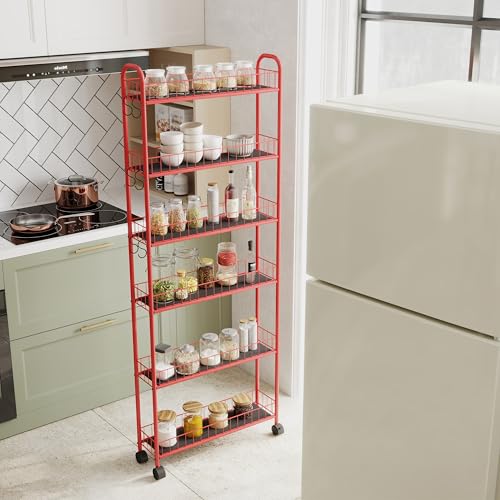 Red 6-Tier Wire Rolling Storage Cart with Wheels J489983
