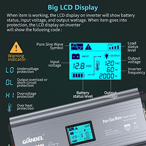 2000W Pure Sine Wave Power Inverter DC 12V to AC 120V with LCD Display K110002