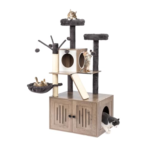 Gray Wooden Cat Tree with Litter Box and Scratching Posts U857