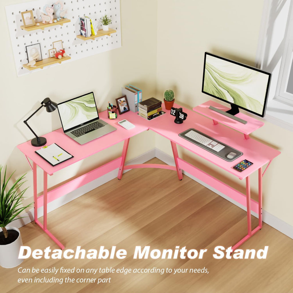 Pink 50.4 Inch L Shaped Corner Computer Desk with Monitor Stand I220535