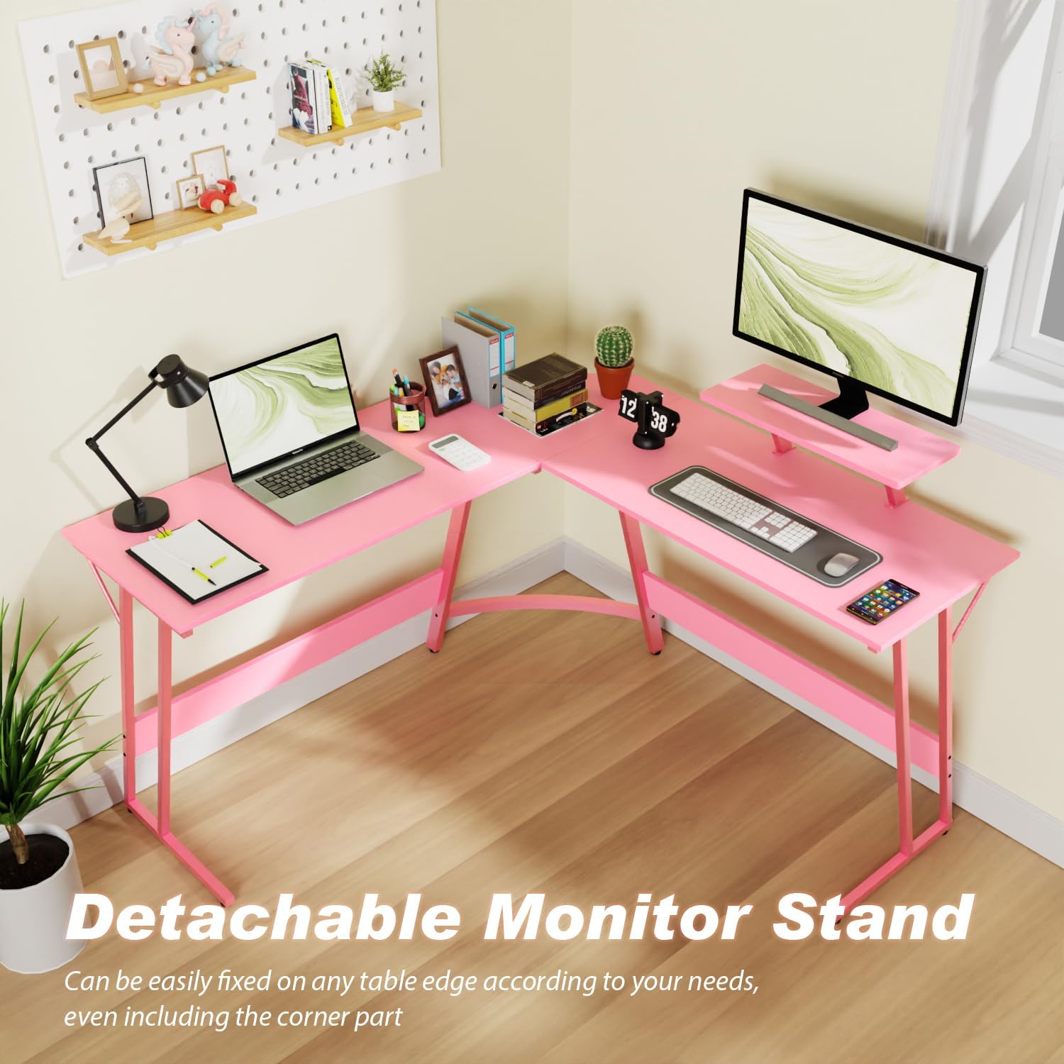 Pink 50.4 Inch L Shaped Corner Computer Desk with Monitor Stand I220535