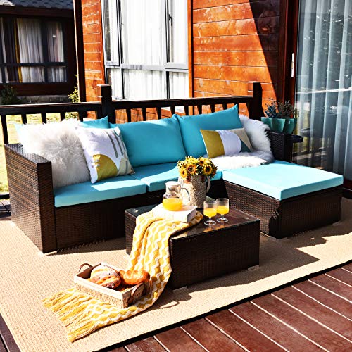 5 Piece Outdoor Patio Furniture Set with Glass Top Coffee Table (Turquoise) S186