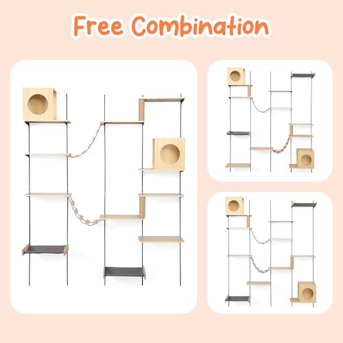 25-Piece Wall-Mounted Cat Climber Set with Cat Shelves, House, Platform, Bridge, Hammock & Scratching Board (Burlywood) H843
