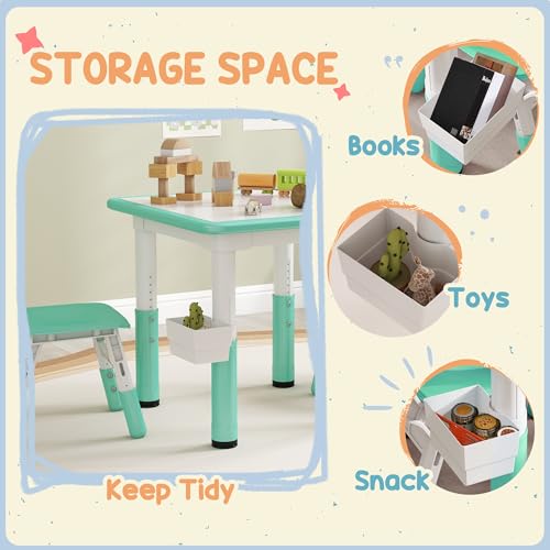 3 Pieces Height Adjustable Kids Table and Chair Set with Storage Green J700357