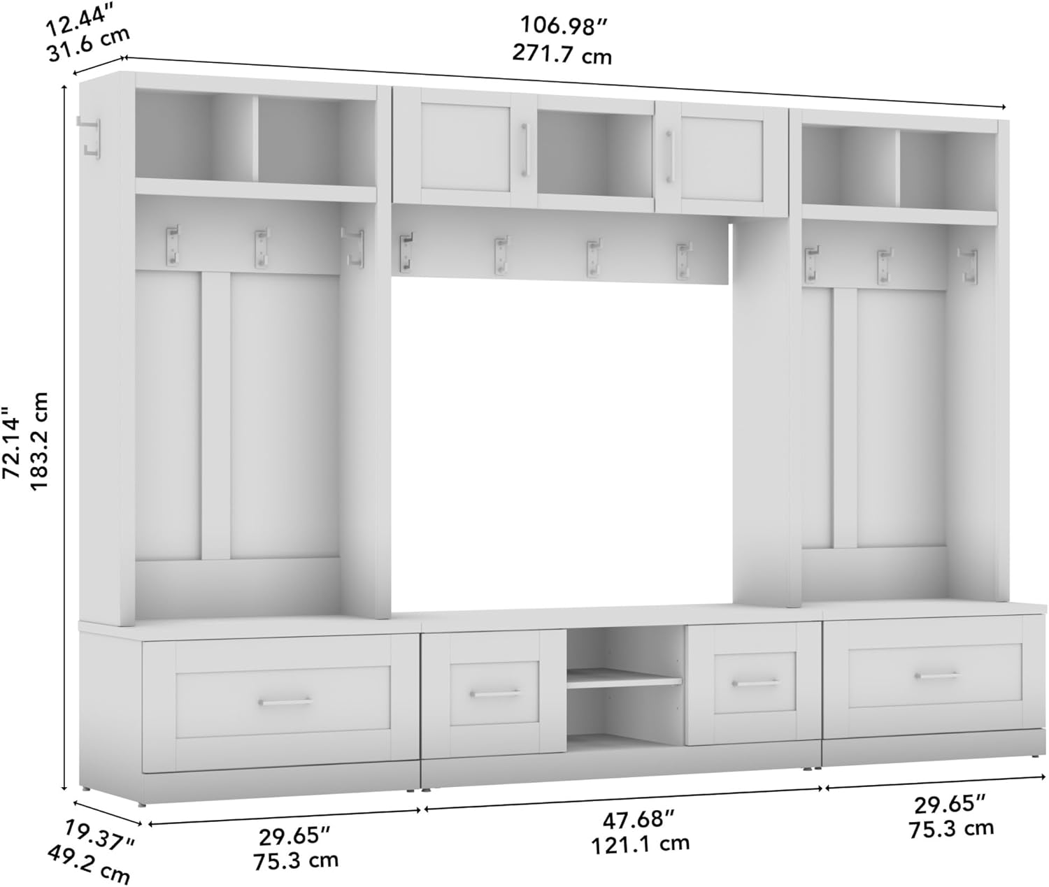 White Full Entryway Storage Set with Coat Rack and Shoe Benches B306