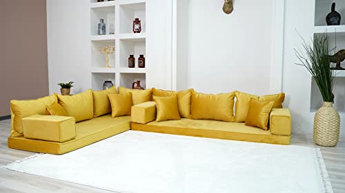 L Shaped Velvet Yellow Floor Couch with Ottoman and Pillows N5344