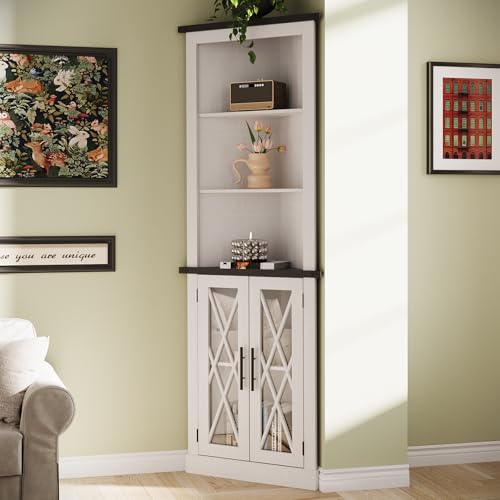 66.8" Tall Corner Cabinet with 2 Glass Doors, Adjustable Shelves, White Y47864