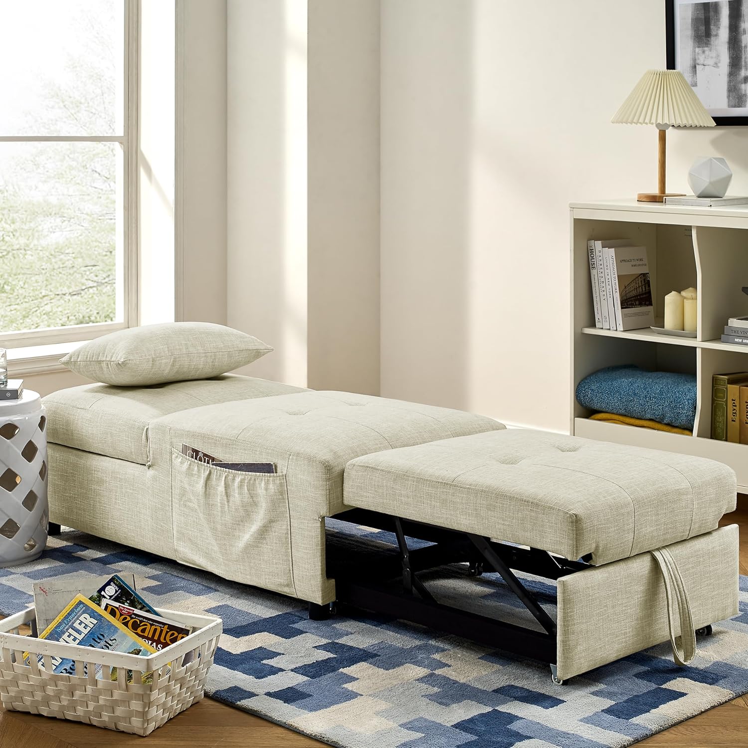 Beige Folding Ottoman Sleeper Sofa Bed N306641