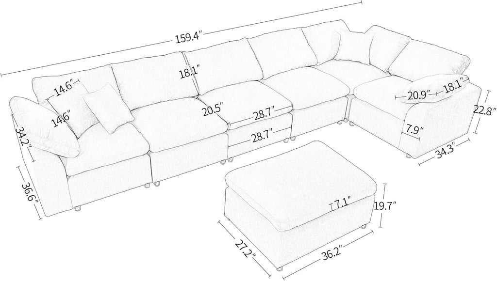 Deep Seat Convertible Modular Sectional Sofa with Movable Ottoman, Oversized Corner Couch with Throw Pillows, 7 Seater Polyester Upholstery Sofa N22971